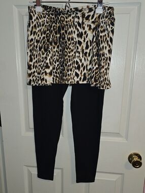 Leopard Print Skirted Black Leggings - Women's‎ Skirted Leggings